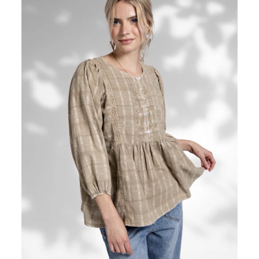 easel Beige Plaid Peasant Blouse with Lace Trim